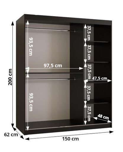 VIENNA - Wardrobe with 2 Sliding Doors Black or White with Shelves, Rails, Drawers, LED lights > 150cm <