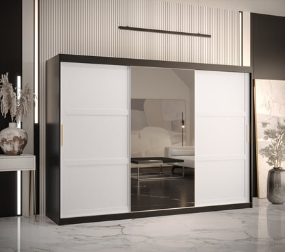 RAMIRA 2 - Wardrobe Sliding Door with Mirror in Black or White Combinations, Shelves, Rails, Drawer Optional, ASSEMBLY SERVICE INCLUDED >250cm<