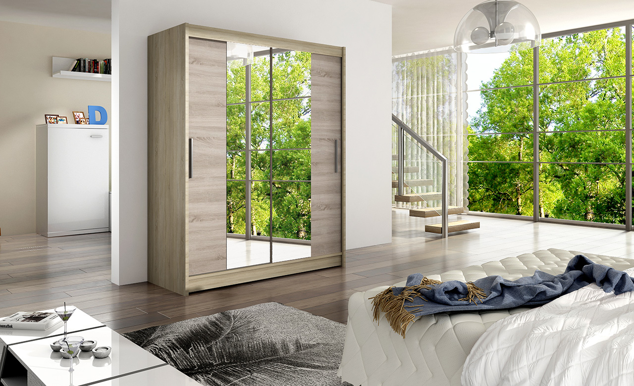 BARBAROSSA II - 2 Sliding Door with Mirrors, Sonoma / Truffle, Shelves, FAST DELIVERY >150cm width<
