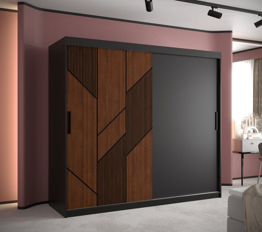 SYDNEY - Wardrobe Sliding Doors Black with Unique Pattern, Shelves, Rails, Drawers Optional >200cm<