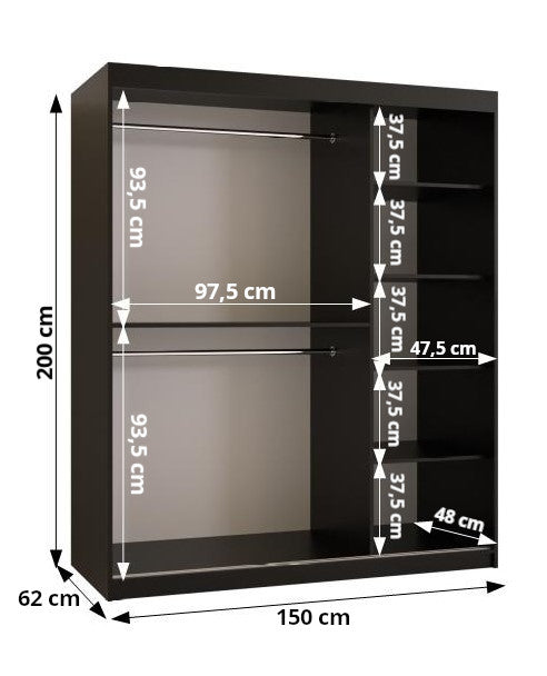 MARSYLIANA - Wardrobe Sliding Doors Black with Unique Pattern, Shelves, Rails, Drawers Optional >150cm<
