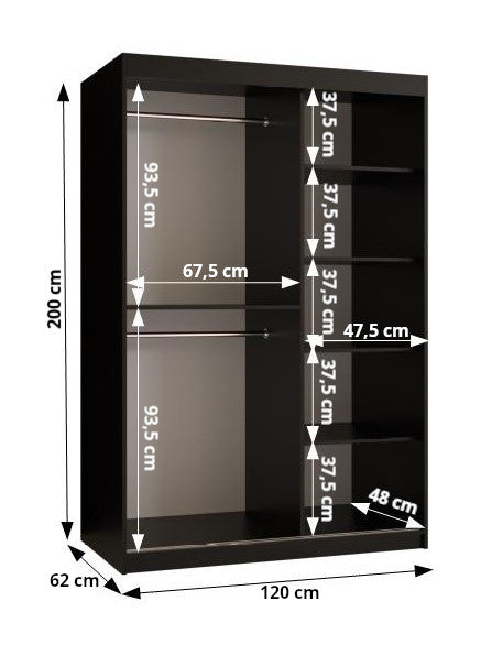 SANTINO - Wardrobe Sliding Doors Black with Unique Pattern, Shelves, Rails, Drawers Optional >120cm<