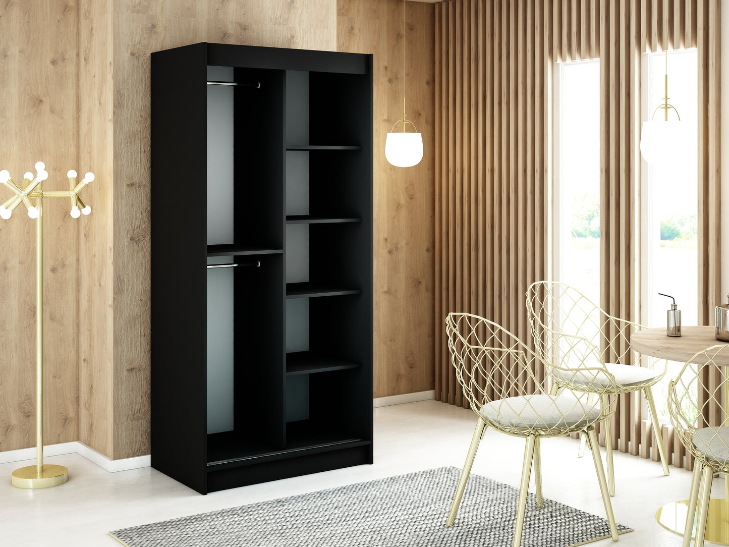 MALI V2 - Sliding Wardrobe Black with Mirror Gold Details Shelves Rails Drawers Optional >100cm<