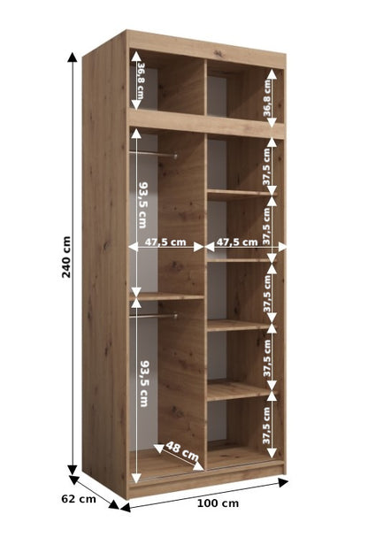 Verona 1 - Two Sliding Doors Wardrobe in Black White Artisan Oak Sonoma with Shelves, 2x rails, Drawers  >100cm<