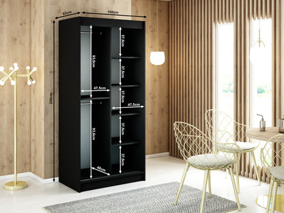MALI V2 - Sliding Wardrobe Black with Mirror Gold Details Shelves Rails Drawers Optional >100cm<