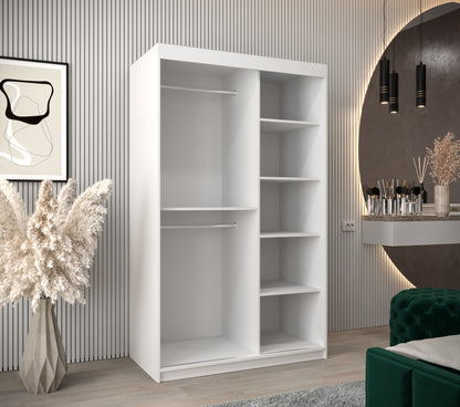 LOUVRE - Wardrobe with 2 Sliding Doors Black or White with Shelves, Rails, Drawers and LED lights Optional > 120cm <