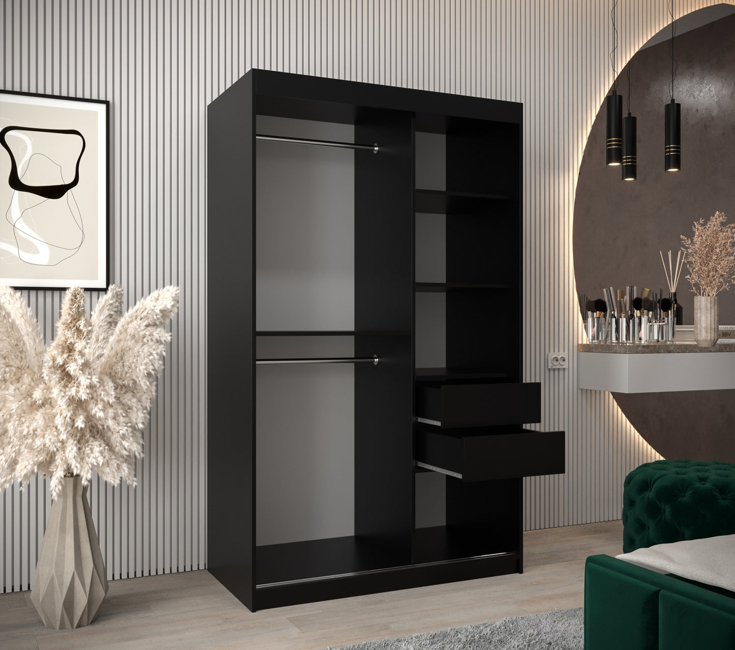 LOUVRE - Wardrobe with 2 Sliding Doors Black or White with Shelves, Rails, Drawers and LED lights Optional > 120cm <