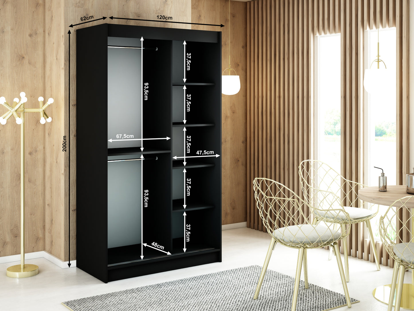 MALI V2 - Sliding Wardrobe Black with Mirror Gold Details Shelves Rails Drawers Optional >120cm<
