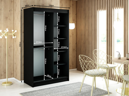 MALI V2 - Sliding Wardrobe Black with Mirror Gold Details Shelves Rails Drawers Optional >120cm<