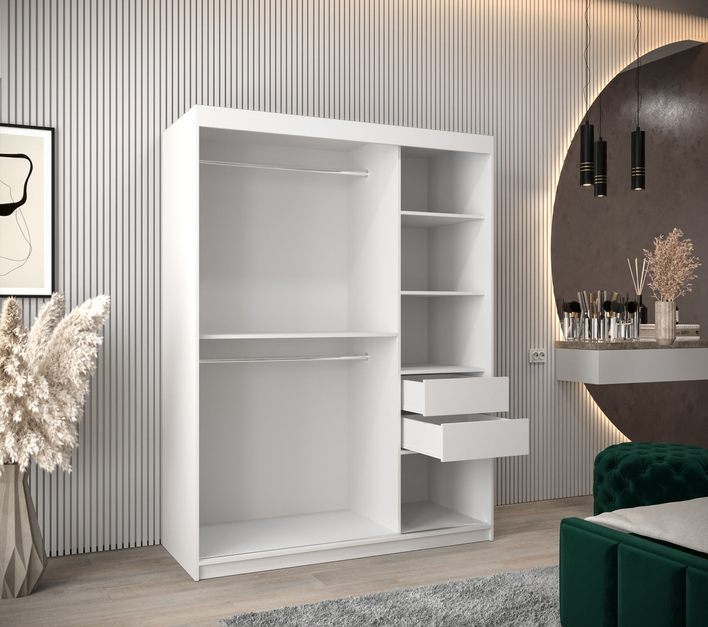 LOUVRE - Wardrobe with 2 Sliding Doors Black or White with Shelves, Rails, Drawers Optional >150cm<