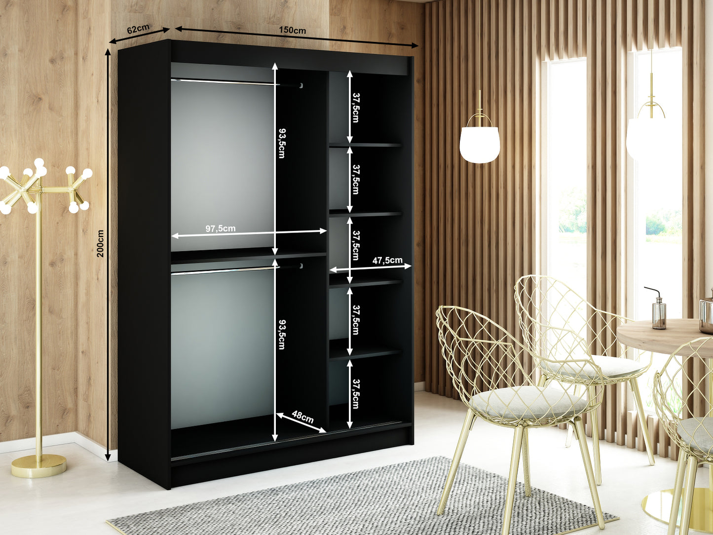 MALI V2 - Sliding Wardrobe Black with Mirror Gold Details Shelves Rails Drawers Optional >150cm<