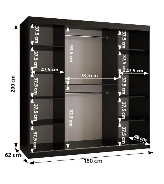 Vienna 2- Wardrobe Sliding Doors Colour Black or White Mirrors Drawers LED Optional 180cm