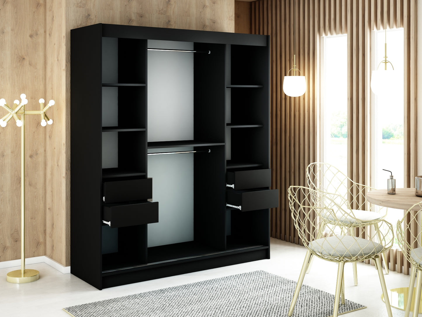 MALI V2 - Sliding Wardrobe Black with Mirror Gold Details Shelves Rails Drawers Optional >180cm<