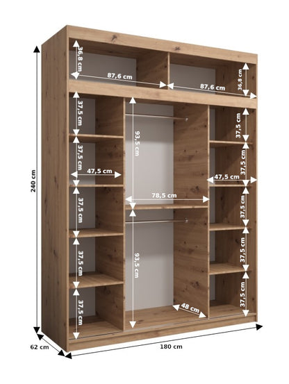 Verona 1 - Two Sliding Doors Wardrobe with Shelves, 2x rails, Black White Artisan Oak Sonoma  >180cm<