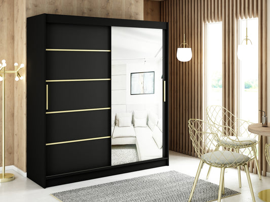 MALI V2 - Sliding Wardrobe Black with Mirror Gold Details Shelves Rails Drawers Optional >200cm<