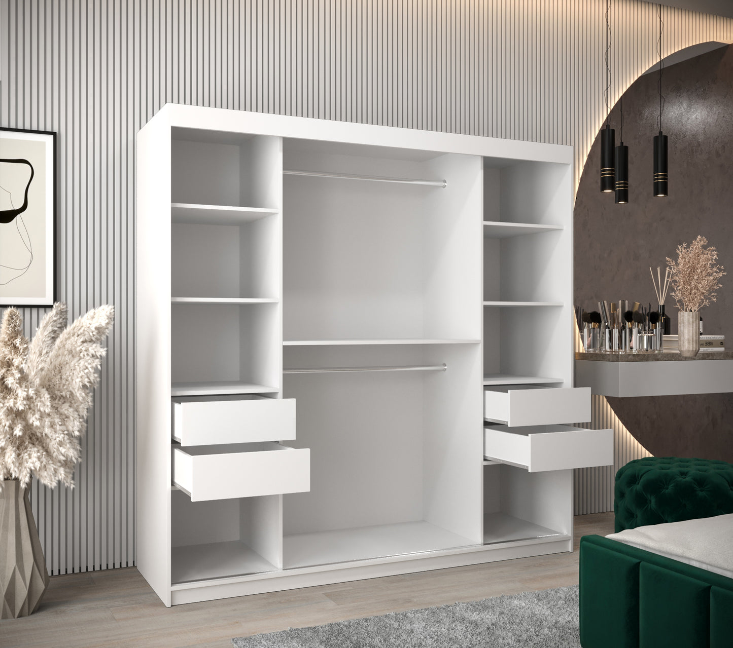 LOUVRE - Wardrobe with 2 Sliding Doors Black or White with Shelves, Rails, Drawers Optional >200cm<