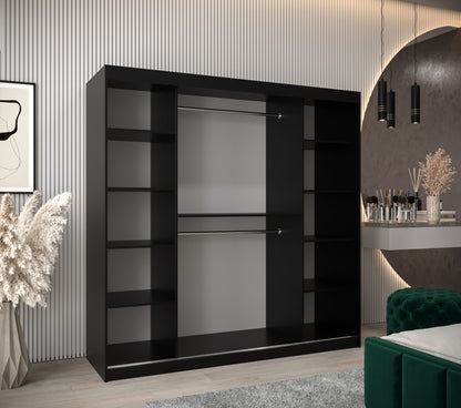LOUVRE - Wardrobe with 2 Sliding Doors Black or White with Shelves, Rails, Drawers Optional >200cm<