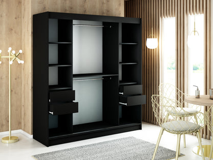MALI V2 - Sliding Wardrobe Black with Mirror Gold Details Shelves Rails Drawers Optional >200cm<