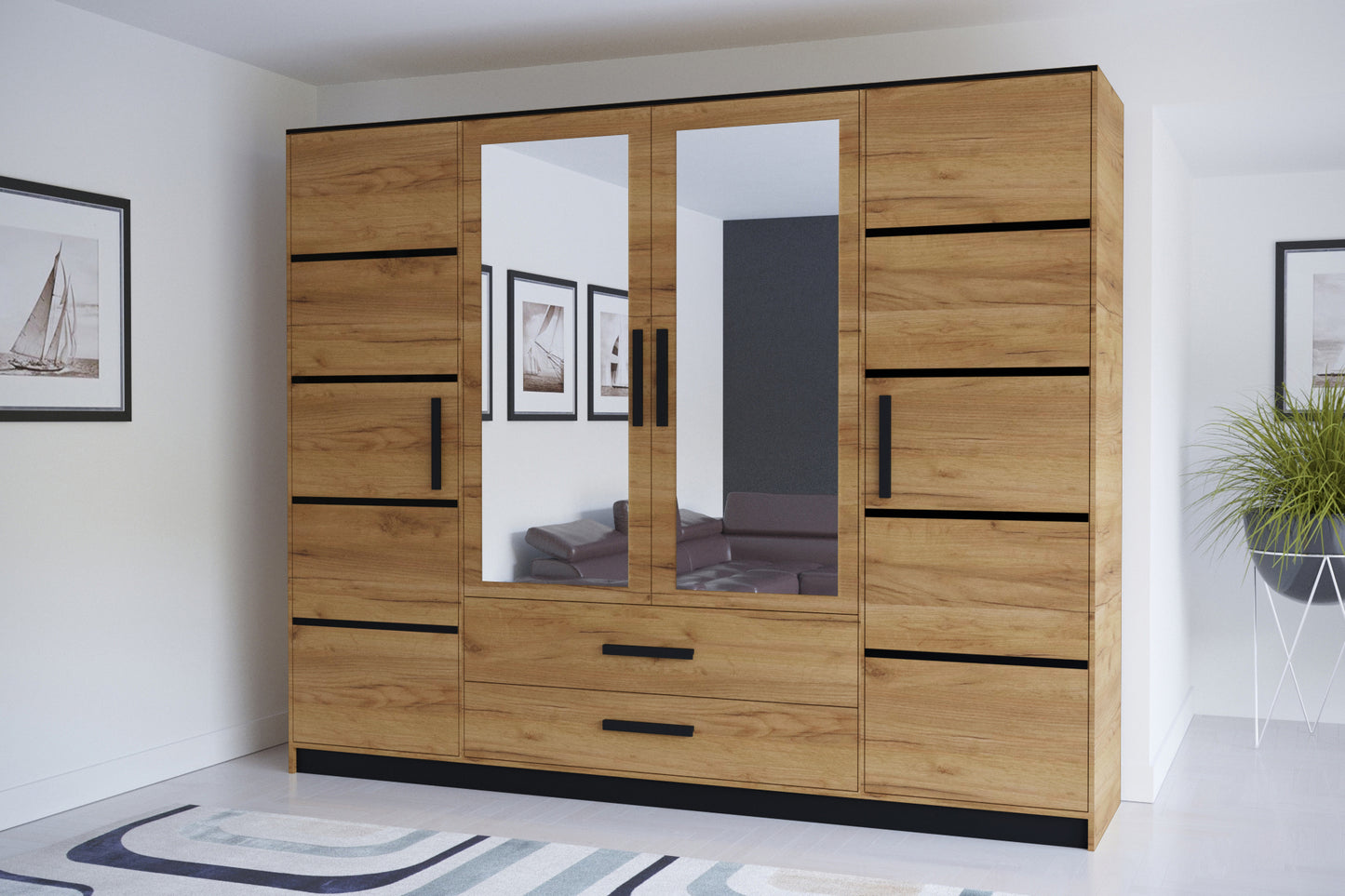 MANTA 201 - Wardrobes Drawers Shelves Rail Hinged Doors Mirror Craft Oak Gold + Black - ASSEMBLY INCLUDED - FAST DELIVERY