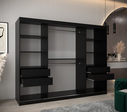 LOUVRE - Wardrobe with 3 Sliding Doors Black or White with Shelves, Rails, Drawers, LED >250cm<