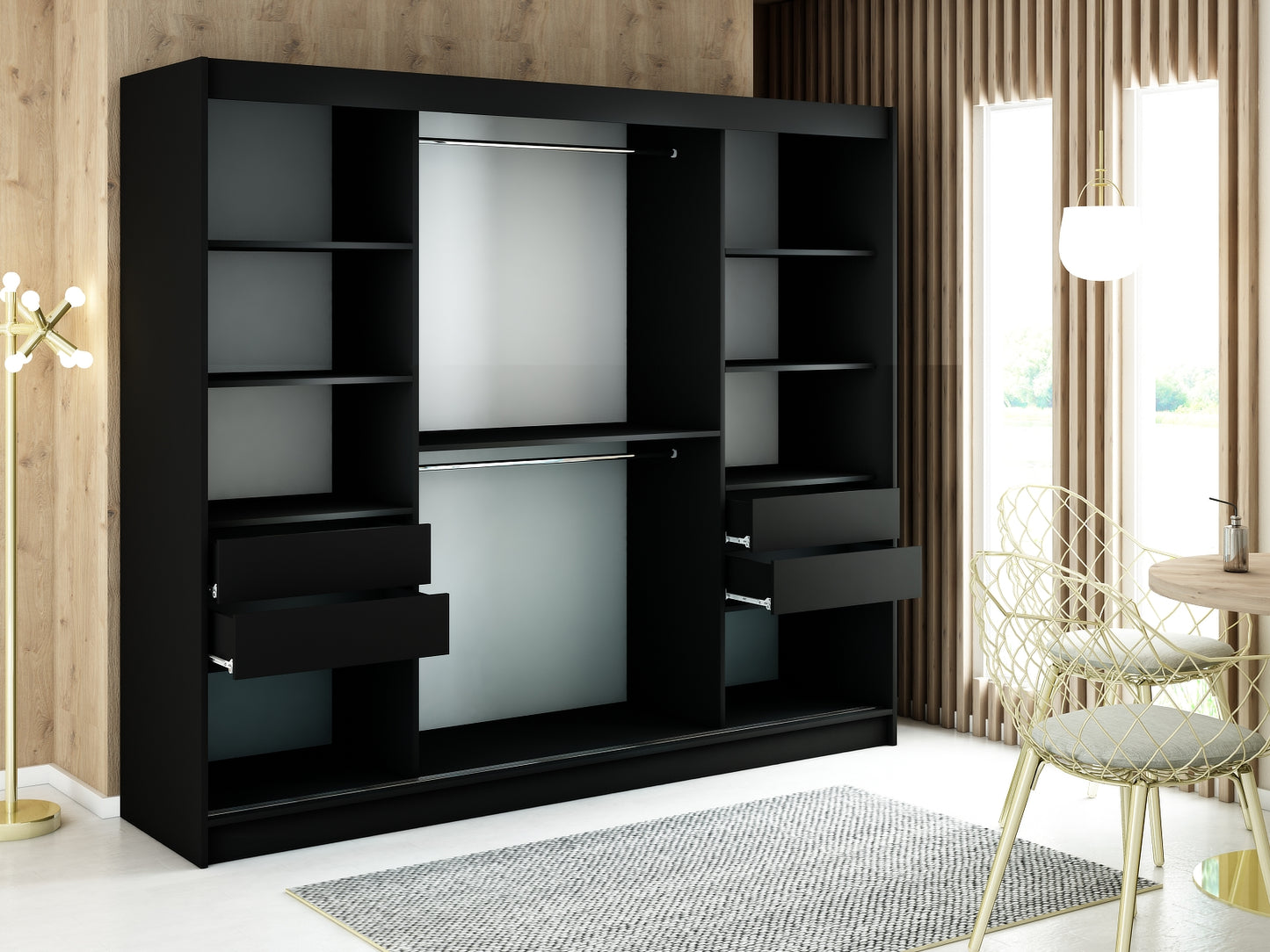 MALI V2 - Sliding Wardrobe Black with Mirror Gold Details Shelves Rails Drawers Optional, FREE ASSEMBLY INCL >250cm<