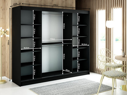 MALI V2 - Sliding Wardrobe Black with Mirror Gold Details Shelves Rails Drawers Optional, FREE ASSEMBLY INCL >250cm<