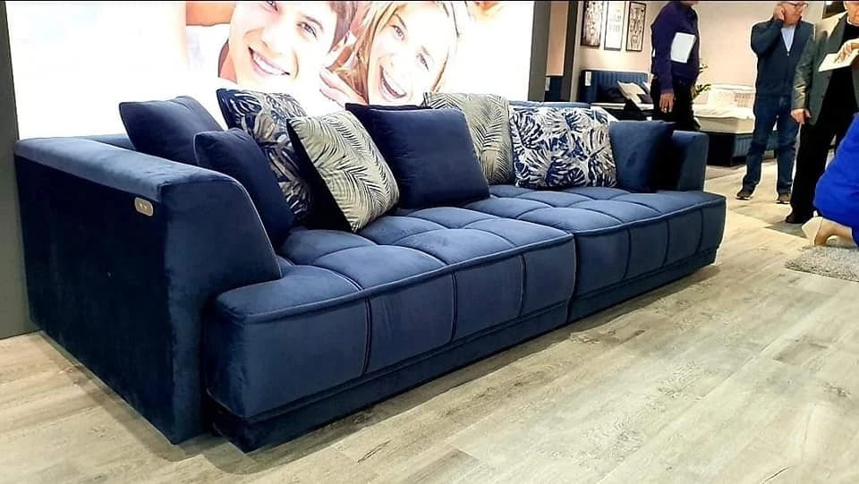 TIGA BIG SOFA - Blue Velvet Fabric Sofa, Cushions, Settee >302 x 136 cm<