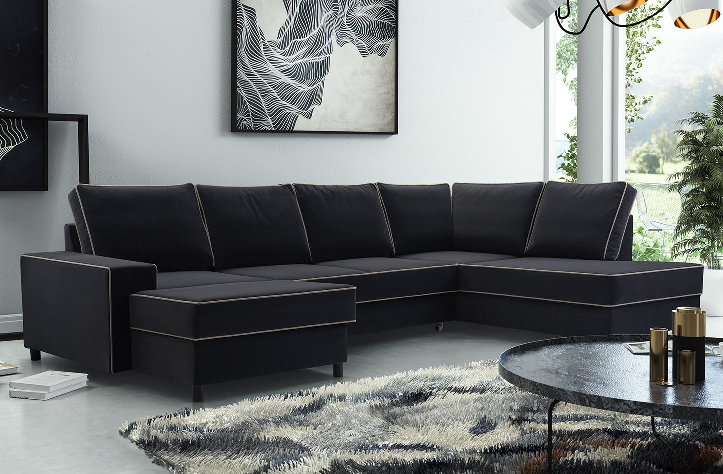 OXANO - U Shaped Sofa with Sleeping Function, Many Colours, Matt Velvet >320 x 200cm<