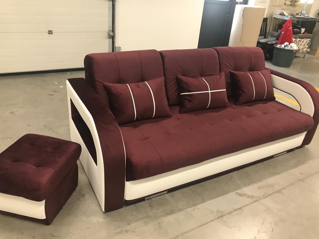 NINA SOFA with  PUFF, SLEEPING FUNCTION, STORAGE SPACE, VINE COLOUR with WHITE FAUX INSERT, VELVET LIKE - FAST DELIVERY >235 x 110 cm<