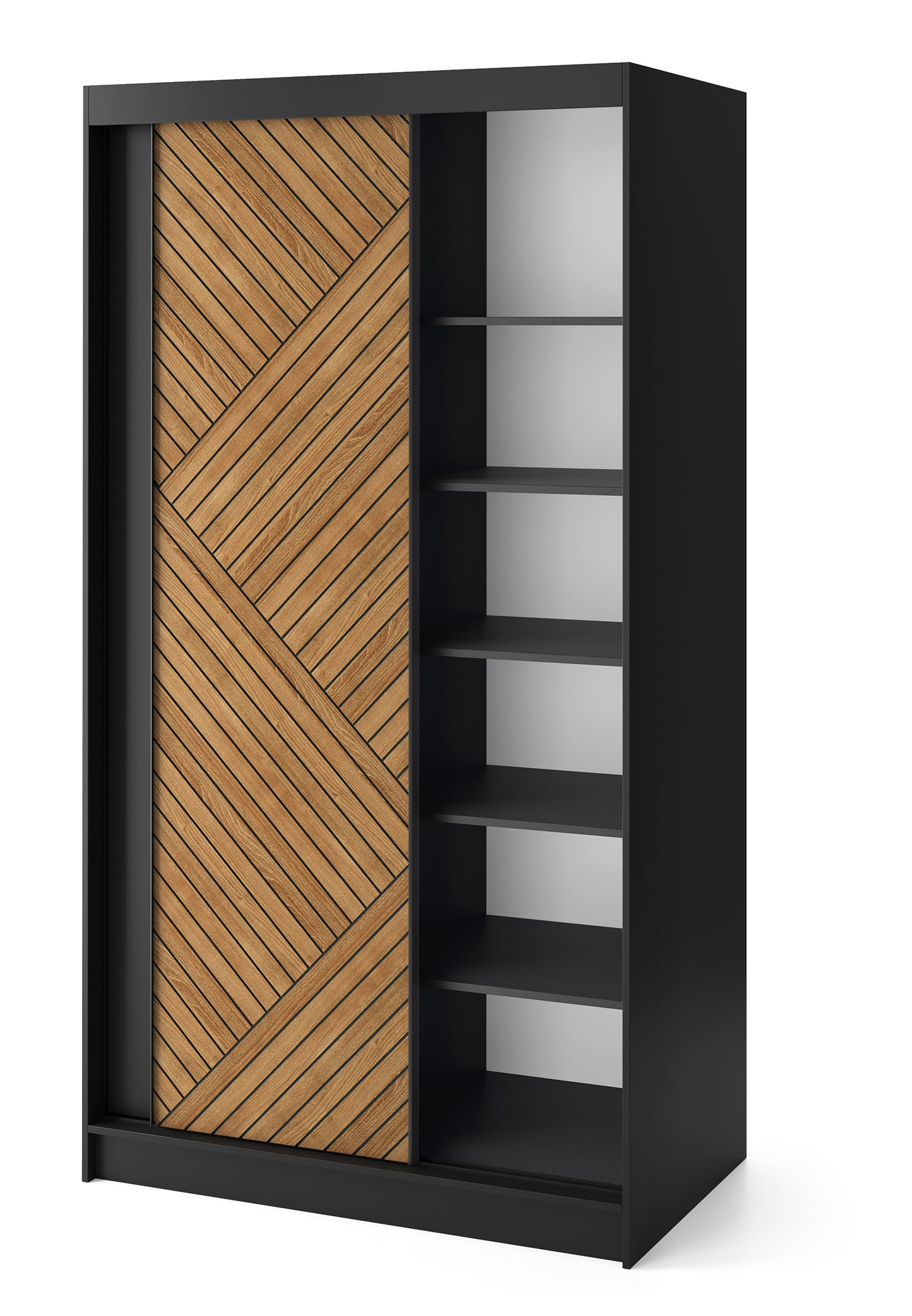 Marrphy II - Two Sliding Doors Wardrobe Black & Oak with Shelves & Hanging rail  >120cm<