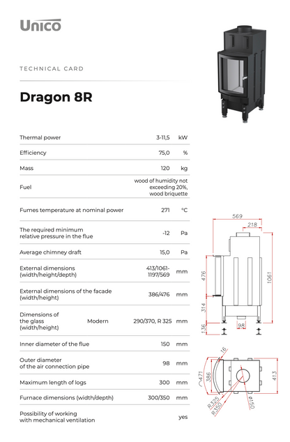 Unico Dragon 8R Slim Fireplace Insert Combust Air Modern Style
