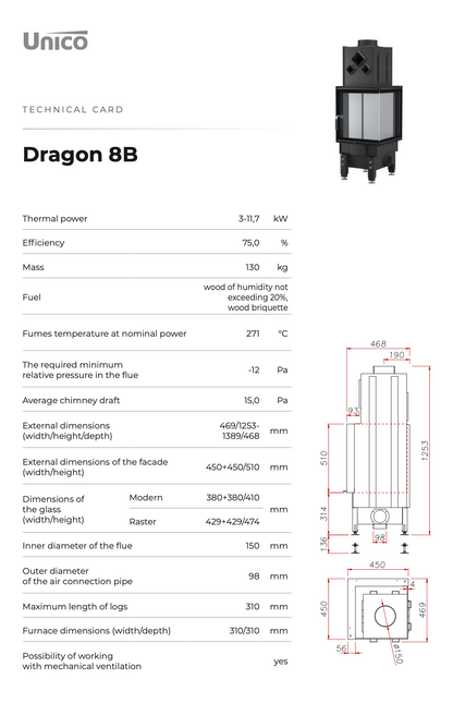 Unico Dragon 8B  Slim Fireplace Insert Combust Air Modern Style