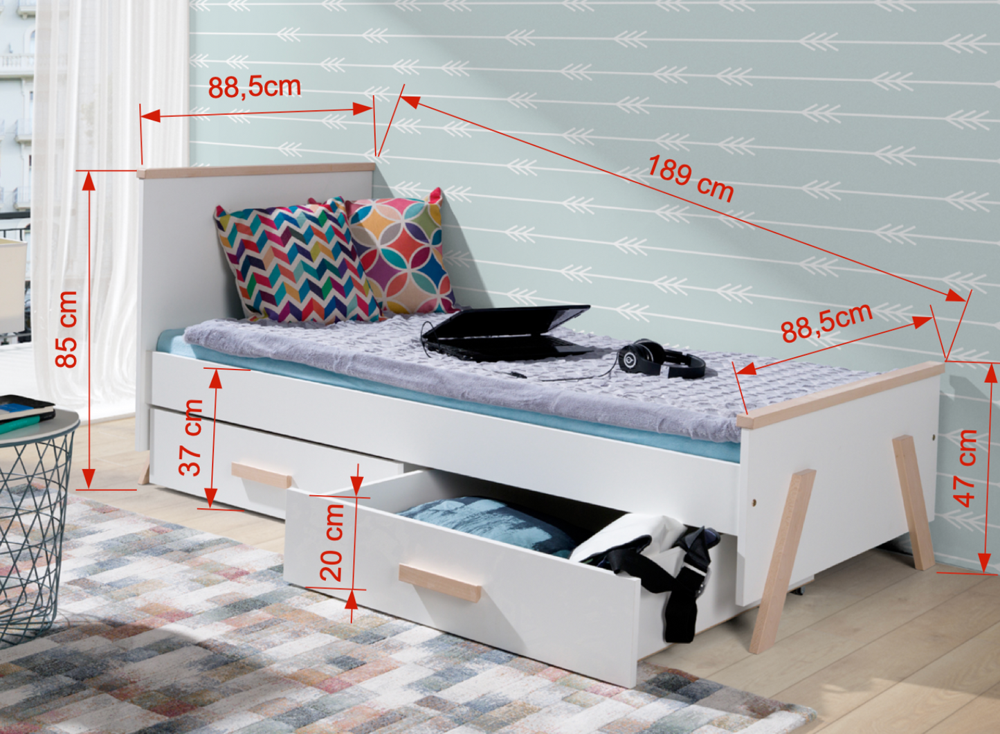 CORA - Single Bed with Drawers, 2 Sizes, White with Beech Wood Details