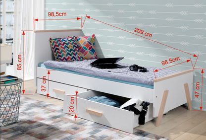 CORA - Single Bed with Drawers, 2 Sizes, White with Beech Wood Details