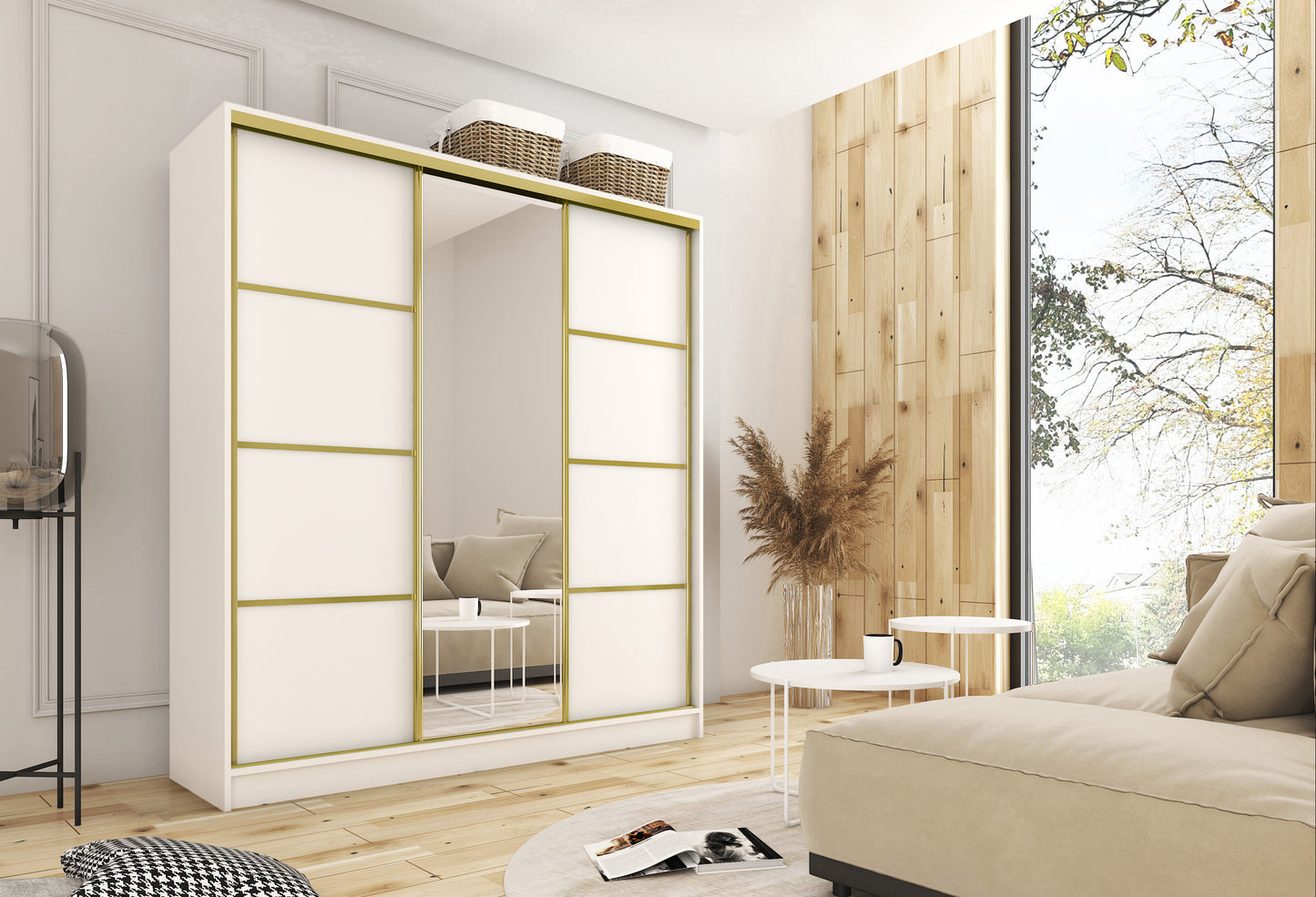 GOLD - Sliding Door Wardrobe with Mirror in White Matt or High Gloss, Shelves, Rails and Drawers >180 cm<
