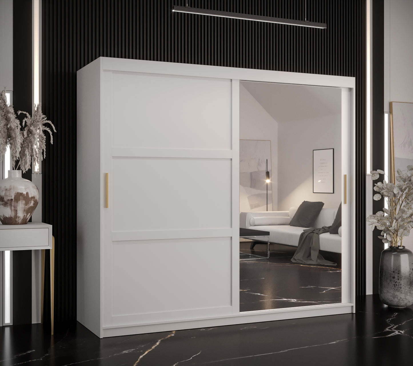 RAMIRA 2 - Wardrobe Sliding Door with Mirror in Black or White Combinations, Shelves, Rails, Drawer optional >200cm<