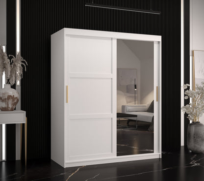 RAMIRA 2 - Wardrobe Sliding Door with Mirror in Black or White Combinations, Shelves, Rails, Drawer optional >150cm<