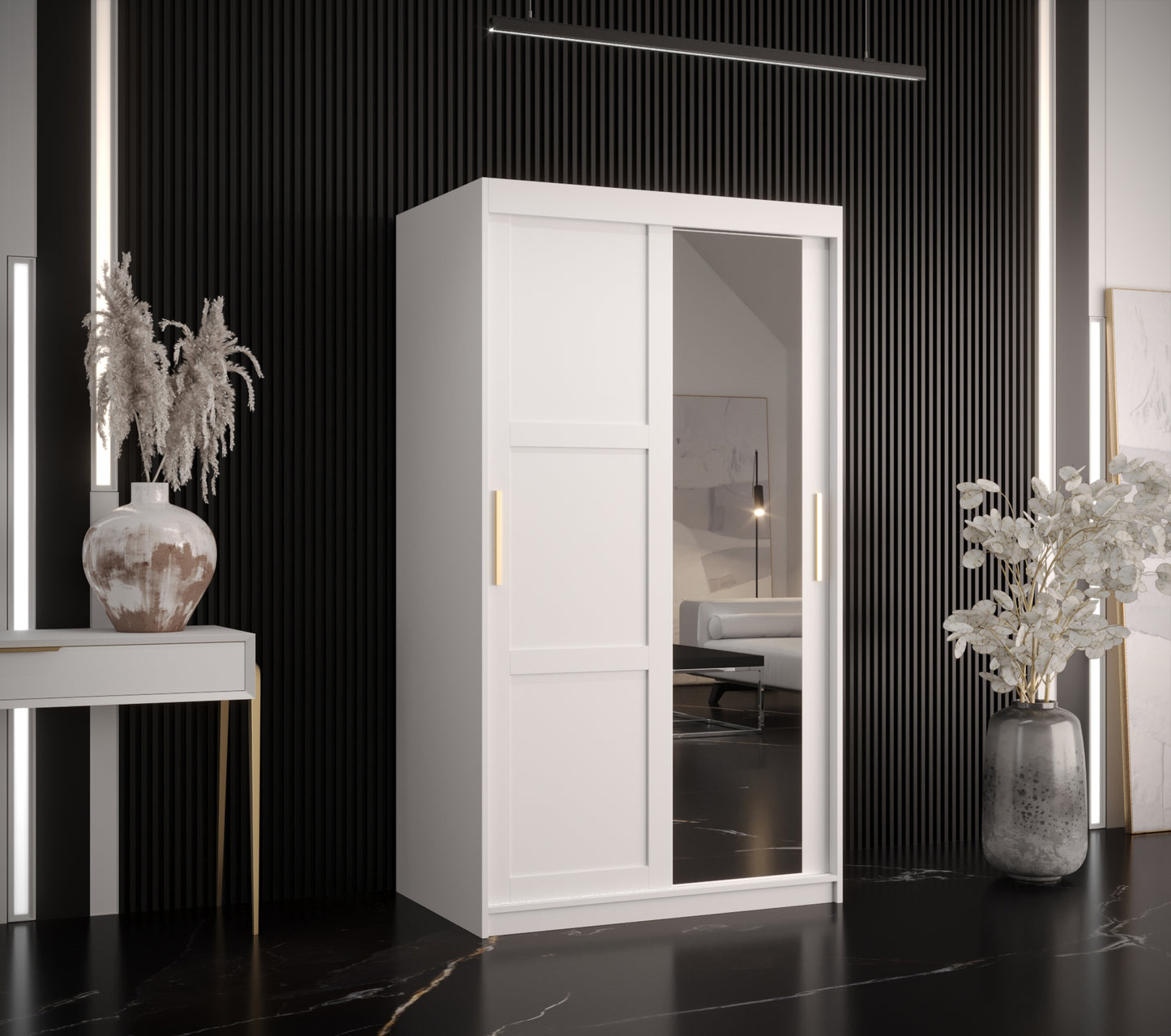 RAMIRA 2 - Wardrobe Sliding Door with Mirror in Black or White Combinations, Shelves, Rails, Drawer optional >100cm<