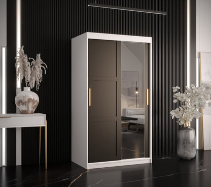 RAMIRA 2 - Wardrobe Sliding Door with Mirror in Black or White Combinations, Shelves, Rails, Drawer optional >100cm<