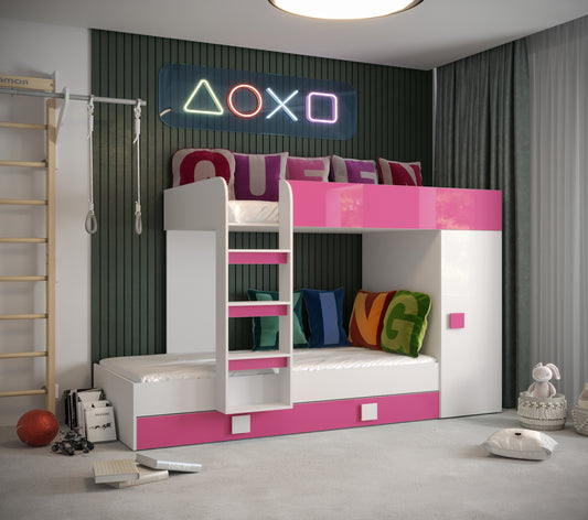 TOLEDO 2 - Triple High Cabin Bed, Many Colours, Ladder, Cabinet with Rail and Shelves