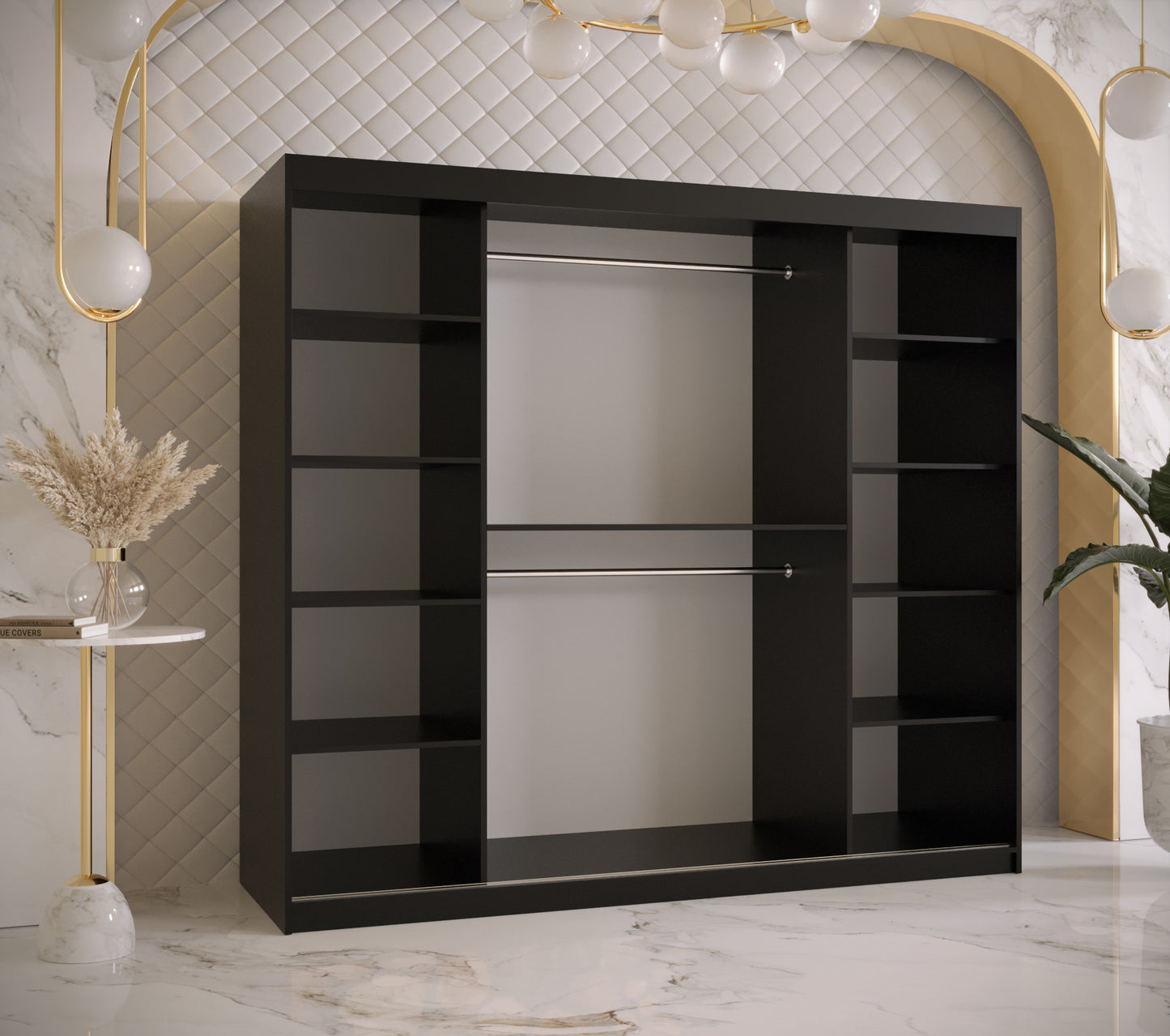 RAMIRA 2 - Wardrobe Sliding Door with Mirror in Black or White Combinations, Shelves, Rails, Drawer optional >200cm<