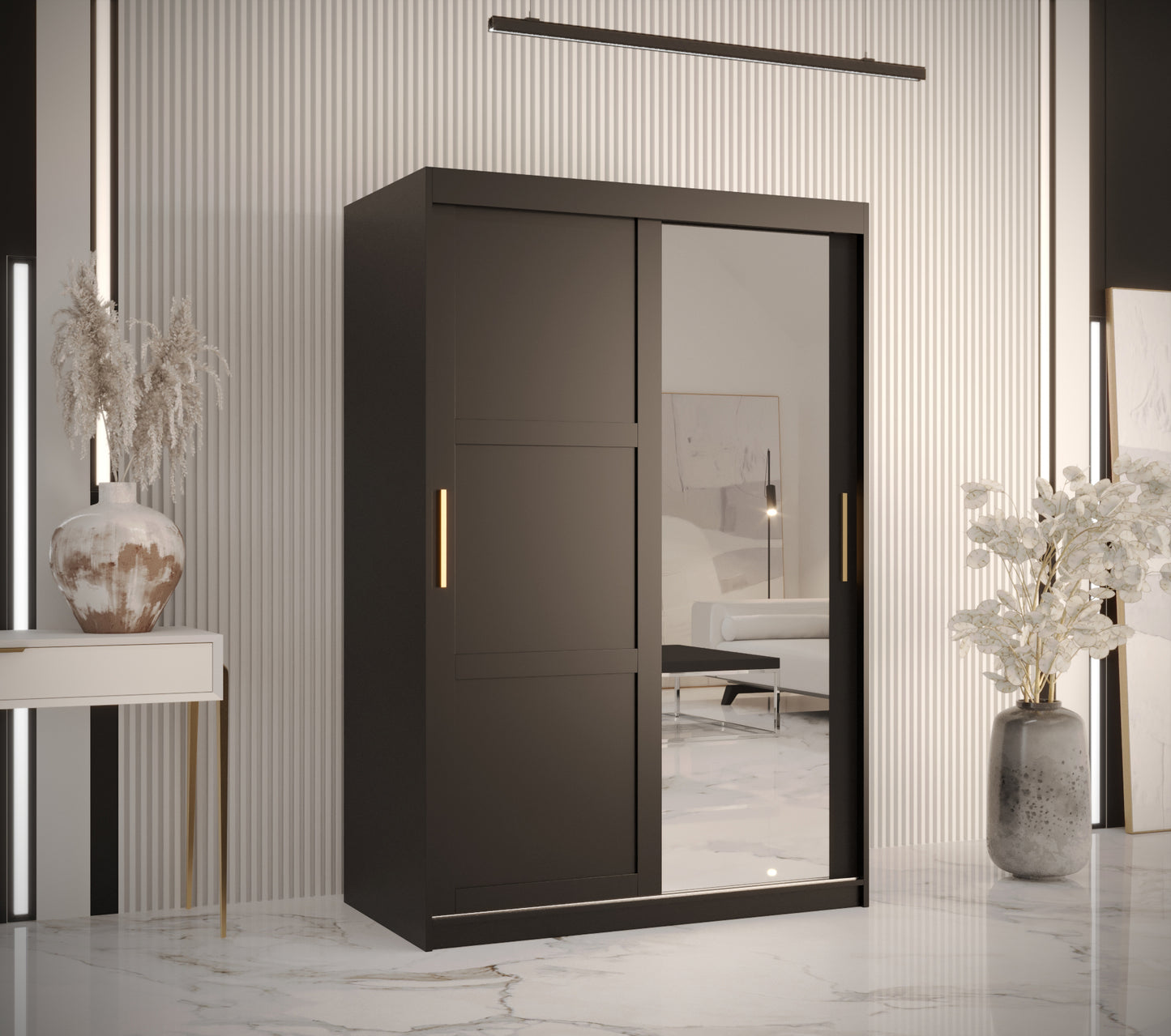 RAMIRA 2 - Wardrobe Sliding Door with Mirror in Black or White Combinations, Shelves, Rails, Drawer optional >120cm<