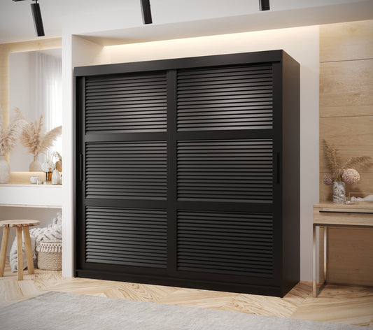 LOUVRE - Wardrobe with 2 Sliding Doors Black or White with Shelves, Rails, Drawers Optional >180cm<