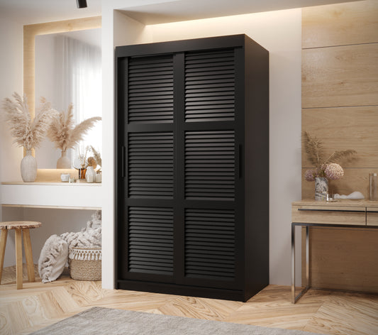 LOUVRE - Wardrobe with 2 Sliding Doors Black or White with Shelves, Rails, Drawers Optional > 100cm <