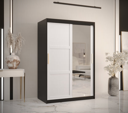 RAMIRA 2 - Wardrobe Sliding Door with Mirror in Black or White Combinations, Shelves, Rails, Drawer optional >120cm<