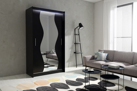 VEGAS S - Black Sliding Door Wardrobe with Shelves and Rail, FAST DELIVERY >120cm<
