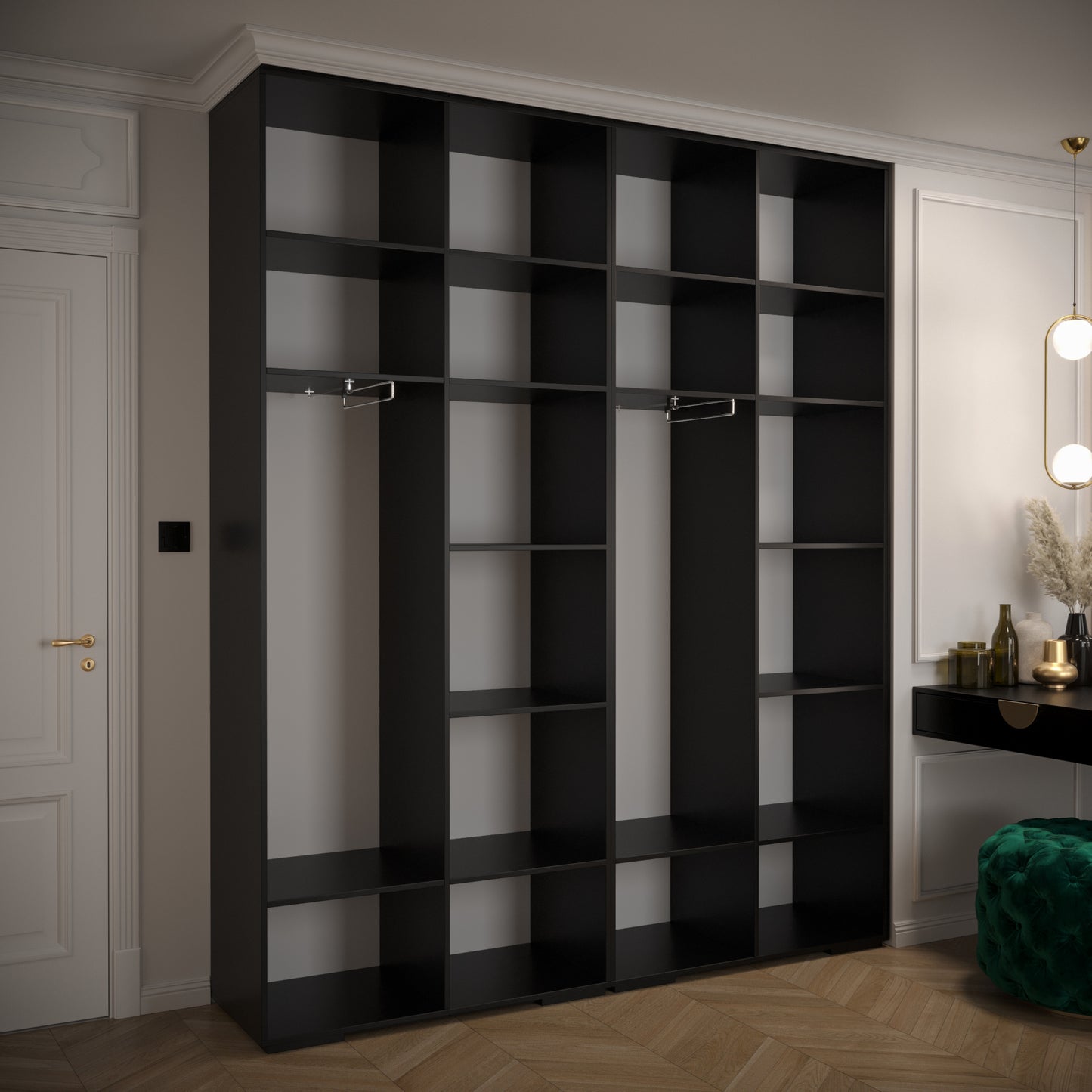 MANHATTAN 1.2 - Wardrobes Closet with Shelves, Metal Rail, Black or White > 200 cm <