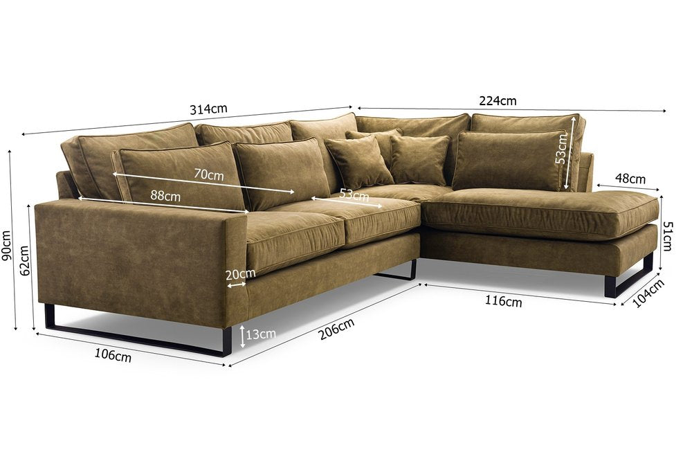 CORRIE METAL - Corner Sofa, Right, Cushions, Elegant Wish Fabric, FAST DELIVERY >314 x 224cm<