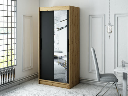 LOTTA T2 - Wardrobe Sliding Doors Mirror Oak Artisan / Black Matt Colour Drawers Optional >100cm x 200cm<
