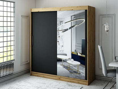 LOTTA T2 - Wardrobe Sliding Doors Mirror Oak Artisan / Black Matt Colour Drawers Optional >200cm x 200cm<